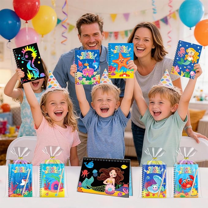 Rainbow Scratch Paper Party Favors: 24 Pack Ocean Rainbow Scratch Notebook, Goodie Bags Stuffers Coloring Books Party Favors for Kids 3-12, Bulk Classroom Birthday Gifts for Student