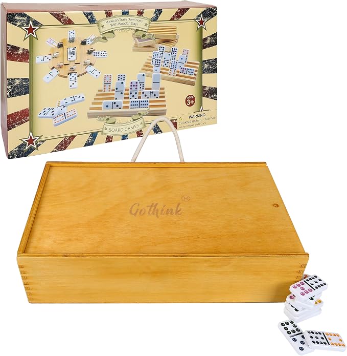 GOTHINK Double 12 Mexican Train Dominoes Set in Wooden Carry Case, Colored Dots Domino Set for Adults Kids and Family, Included 91 Tiles, 9 Trains, Wooden Hub, 8 Holders, 2 Scorepad in Vintage Box
