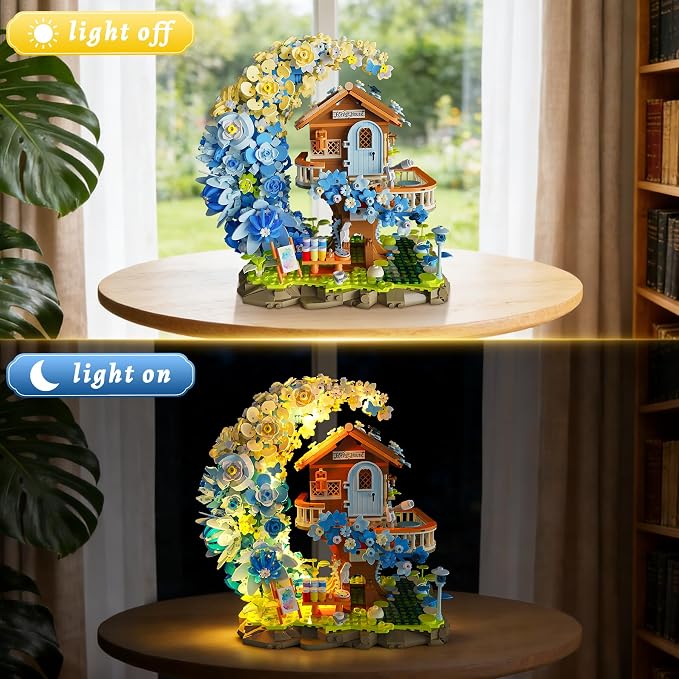 Blue Moon Flower House Building Set with Light, Botanical Collection Flowers Treehouse Builidng Block Kit, Compatible with Lego for Adults Home Décor (1750PCS)