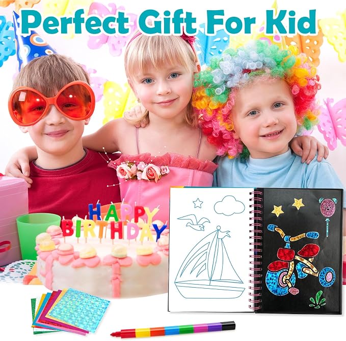 FUNNYB&G Foil Art Craft Kit for Boys 4-10 Years Old: Mess-Free & No-Glue, Create 16 Sparkly Vehicle Pictures – Perfect Travel Toy & Birthday Gift for Kids (Vehicle)