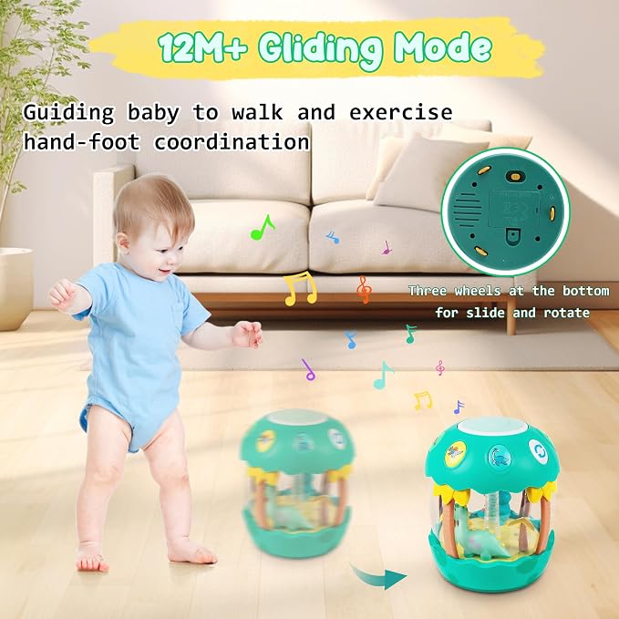 M SANMERSEN Baby Boy Toys, Dinosaur Rotating Light Up Musical Baby Toys for 12-18 Months Newborn Infant Crawling Tummy Time Toys, Birthday Easter Gifts for Baby Boys- Green