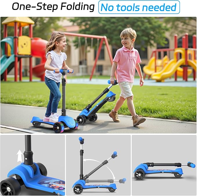 Electric Scooter, 80W Motor, 3 Levels Adjustable Handlebar, 5 Mph Safe Speed, Lighted Up Wheel, Lean-to-Steer Design, Foldable Kick Scooter Boys & Girl