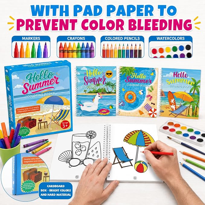 4 Pack Hello Summer Coloring Books 8.6x11 Inch Spiral Bound Coloring Books Bulk Summer Beach Activity Book DIY Crafts for Birthday Gifts Pool Party Favors Hawaiian Tropical Holiday Supplies
