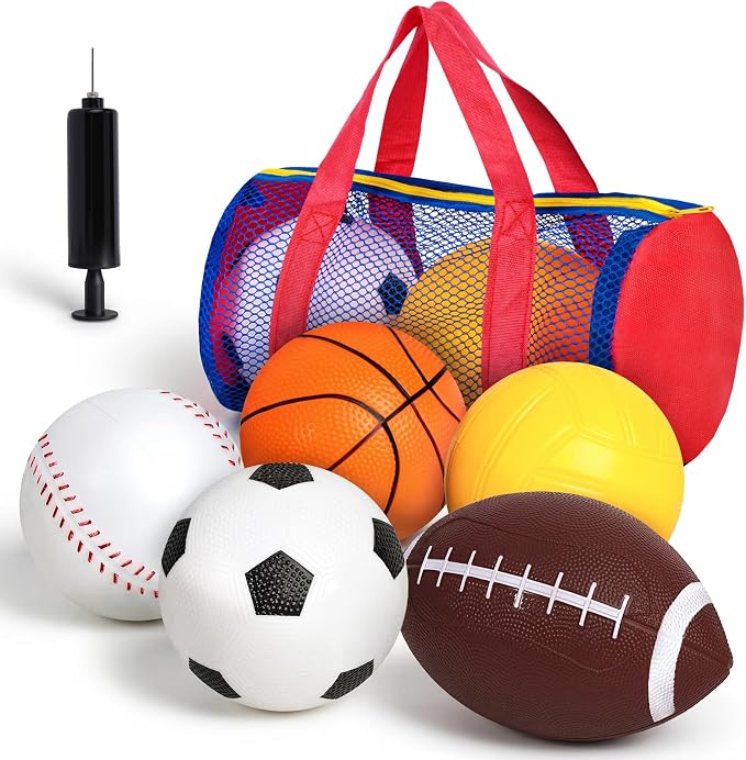 LovesTown Sports Balls for Kids, 5 Pack Inflatable Playground Balls Rubber Kickballs Dodgeballs with Duffle Bag, for Kids Toddlers Indoor Outdoor Toys