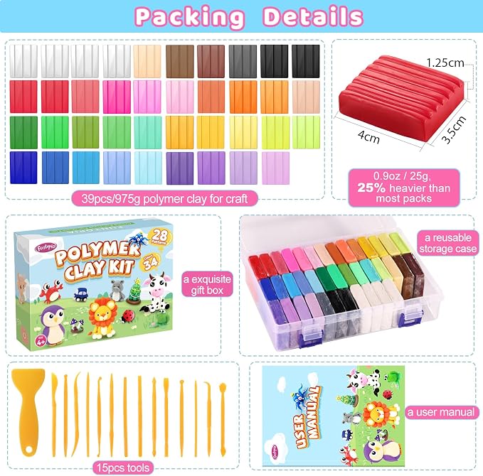 Polymer Clay Kit, 34 Colors Modeling Clay for Kids Adults, Funtopia Oven Bake Clay with Tutorial Book Sculpting Tools Storage Box for Sculpture, Crafting, DIY Projects, Jewelry Making(0.9oz/pc)