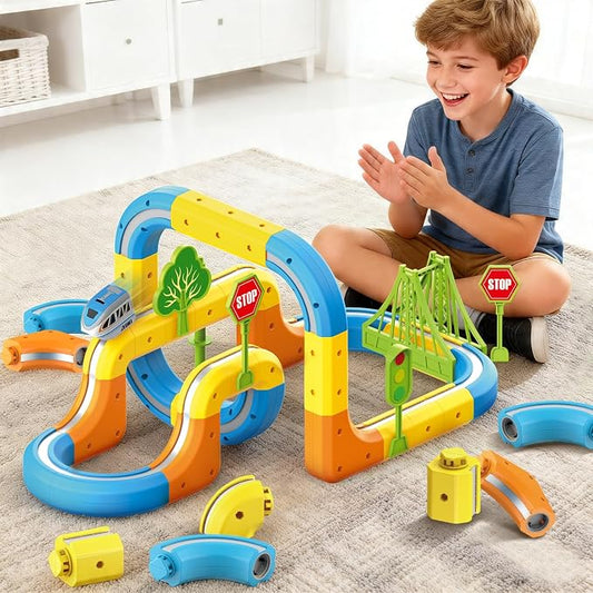 VEAIS Electric Train Set for Kids, 57Pcs 3D Flexible Race Track Sets, Gravity-Defying Motorized Car for Toddlers, Montessori STEM Train Tracks Toys,Birthday Gifts for Kids Boys Girls Age 3 4 5 6 7 8+