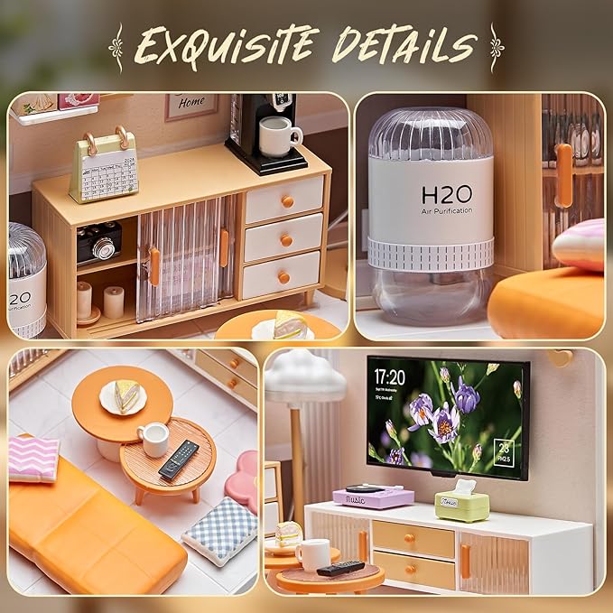 Miniature Living Room DIY Kit – 92Pcs 1:24 Scale Dollhouse Furniture with LED Light, Modular Scene Connector & Realistic Details for Kids 8+ and Collectors