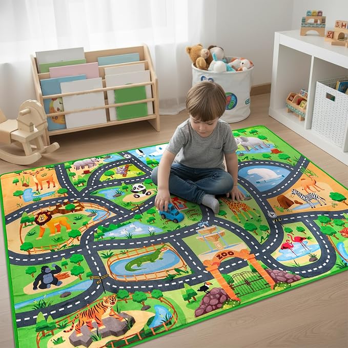 Car Rug Play Mat,4'11" x 6'7" Zoo Park Road Car Mat for Kids,Non-Slip Animal Car Track Rugs for Kids Toy Cars,Educational Kid Road Playmat Rug for Playroom Bedroom Kid Room(for Age 2+)
