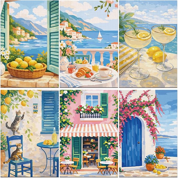 FLUXOJOY 6 Pack Painting by Number Kits for Adult, DIY Canvas Color Painting Kit for Kids or Beginner with Paint Brushes Acrylic Pigment Drawing Paintwork 20x30cm Without Frame (Mediterranean-6 Pack)
