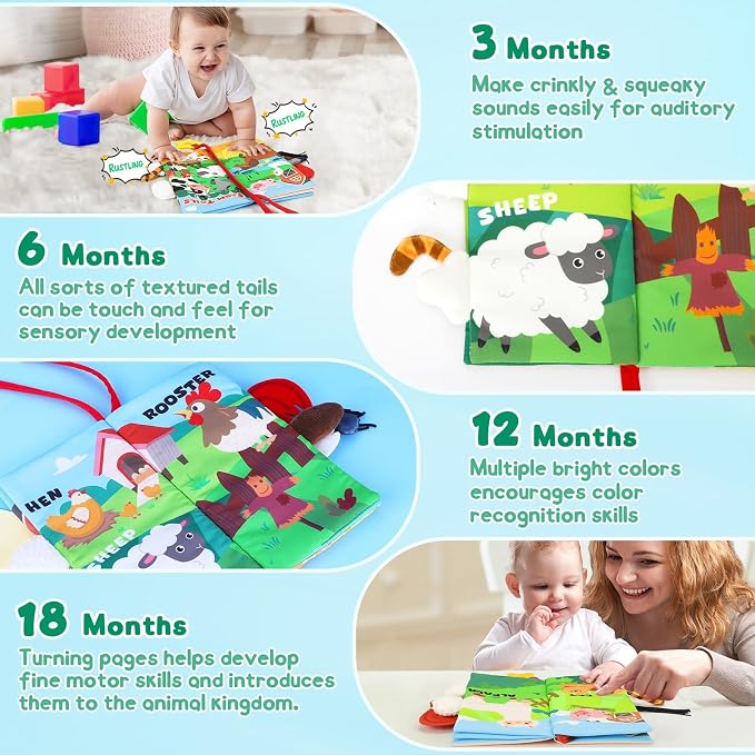 BBWOO Soft Baby Book Toy - Newborn Boy Girl Shower Gift - Tummy Time Toy for Infant 0-6 6-12 Months - Touch and Feel Sensory Crinkle Book with Teether - Baby Boy Girl Gift