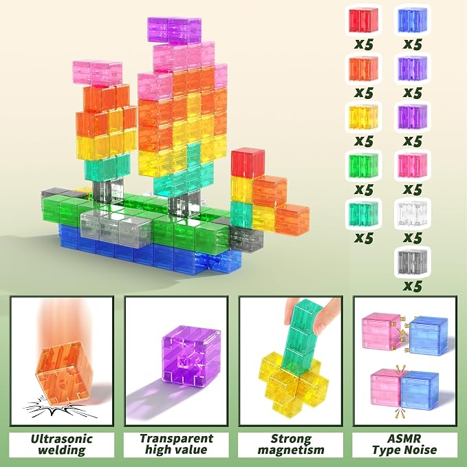 Apluses Magnetic Blocks Building Toys - Transparent Rainbow Magnetic Cubes Set, Outdoor Sensory Autism STEM Toys Gifts for Kids Aged 3+ Year Old Boys & Girls