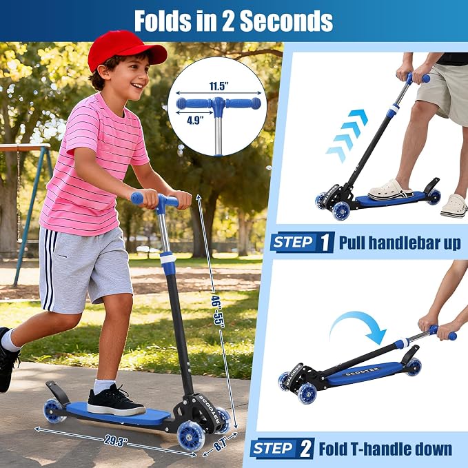 3 Wheel Scooter for Kids Ages 3-12, LED Light-Up Kids Kick Scooter–Portable Foldable, Adjustable Height, Durable Metal Construction, 6" Extra Wide Deck for Outdoor Activities,Child Safety Certified
