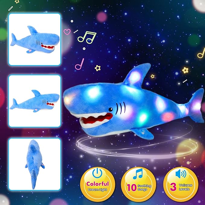 Light-up Singing Plush Shark LED Musical Stuffed Animal Adjustable Volume Lullaby Plushies Birthday Christmas Toy Gifts for Kids Toddler Girls, 13"