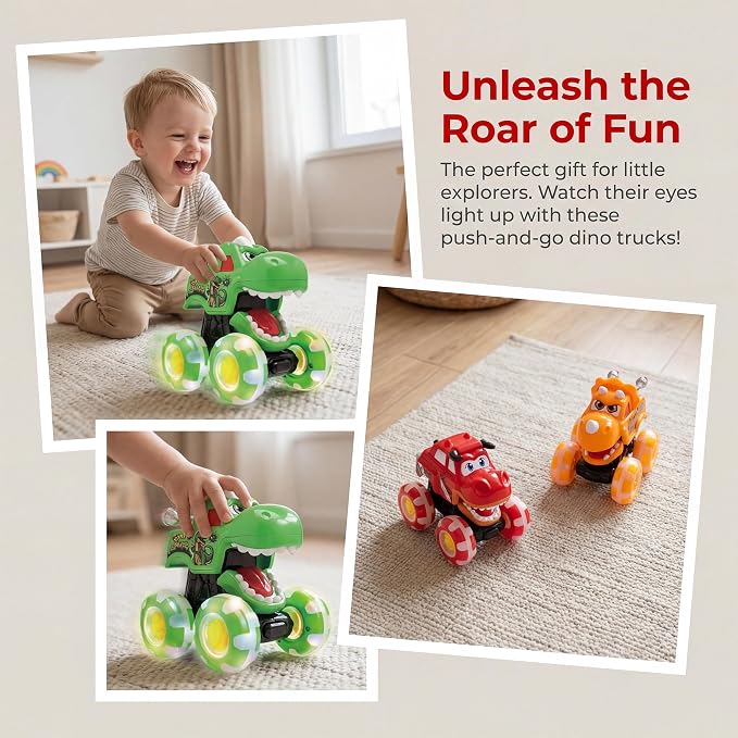 Monster Truck Toy for Kids Toddlers 1-3, Light up Wheels Dinosaur Car Toys, Baby Toy - Press and Go Dinosaur Trucks,Pull Back Vehicle Set for 2 3 4 Year Old Boy Birthday (3 Packs)