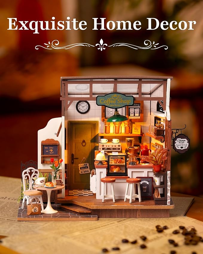 Rolife Miniature Dollhouse Kit, Coffee Shop Miniature Dollhouse Kits for Adults to Build, Wooden Mini House Model with LED Lights DIY Crafts Birthday Gifts and Hobbies Home Decor for Family Friends
