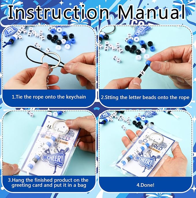 Suncalla 996 Pcs 24 Set Cheer Keychain Making Kit DIY Key Chain Crafts Cheerleader Gifts Cheerleading Bag Charms Adjustable Letter Beads Cards Strings Blue Kit for Backpack Team Gift Sport Accessory