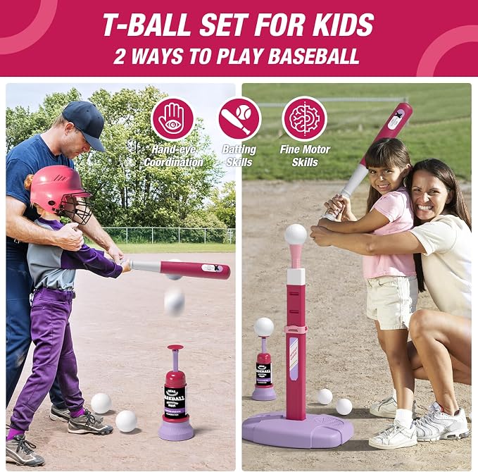 HYES 2 in 1 Kids Basketball Hoop and T Ball Set - Adjustable Height, Kids Baseball Tee with Automatic Pitching Machine, Indoor Outdoor Sport Toys Gifts for Toddler Boys Girls Age 1-5, Pink