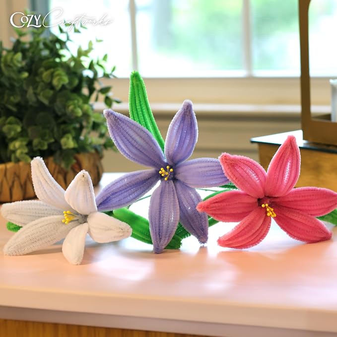 WeVeel Cozy Craftworks Chenille Stem Flower Craft Kit for Adults – CC 4 Flowers Bundle – Relaxing DIY Arts & Crafts Kit with All Supplies