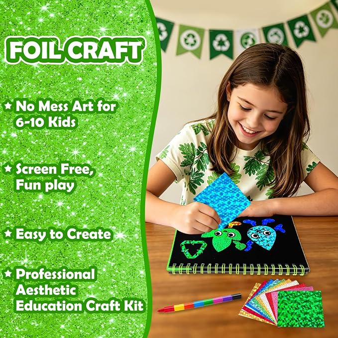 FUNNYB&G Foil Art Craft Kit for Kids 4-10 Years Old: Mess-Free & No-Glue, Create 16 Sparkly Going Green Pictures – Perfect Travel Toy & Birthday Gift for Kids (Going Green)