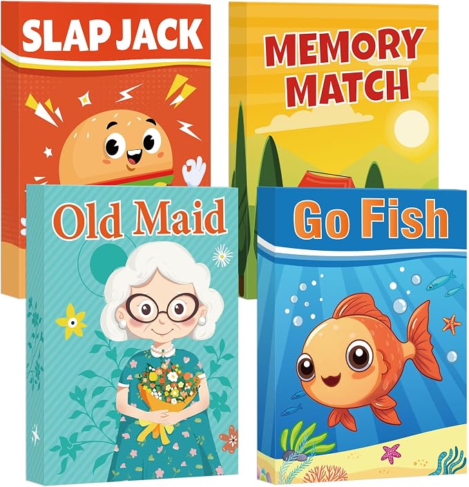 Etyishe Card Games for Kids Toddlers, Go Fish, Old Maid, Slap Jack and Memory Match, 4 Decks in 1 Pack, Fun Educational Gard Games for Family Game Night Table Games, Great Stocking Stuffers