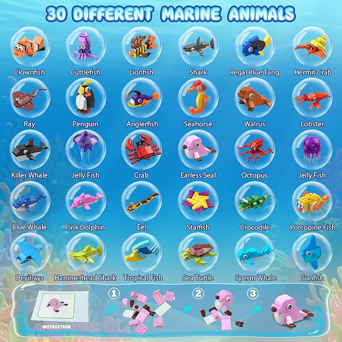 30 Pack Animals Party Favors For Kids, 824PCS Marine Animal Building Block Toy Sets for Goodie Bags Fillers Stocking Stuffer Classroom Prizes Stocking Stuffers Birthday Return Gifts for Boys Girls 6 +