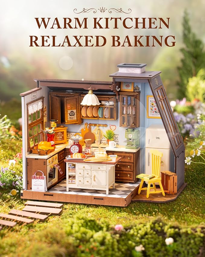 Rolife DIY Miniature House Kit for Adults, Baking Kitchen Mini Wooden Dollhouse Kit with LED Light Tiny House Diorama Building Kits Birthday Craft Hobbies Gift Home Decor for Teens Family