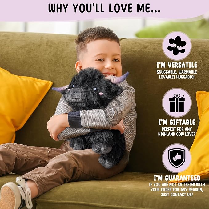 Happy Fuel Highland Cow Microwavable 1.5lbs Unscented Heating Pad for Women & Kids- Cute Soft Cozy Pillow Plush Heatable Warm Stuffed Animals- Kawaii Hot & Cold Plushie Toy- Cow Gifts for Girls & Boys