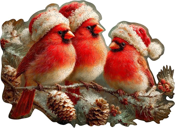 MEATRN Christmas Cardinal Wood Puzzles Adult – Three Baby Birds with Santa Hat, 199Pcs Wooden Jigsaw Puzzle for Festive Holiday Fun, Teens’s Party and Winter Activity 12.2"×8.9"