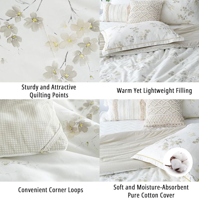 LEMIROE Floral Cotton Comforter King Size - Cream Comforter with Luxurious Grey Branches & Subtle Beige Blossoms,Reversible Lightweight Bedding Sets 3Pcs(104"×90")