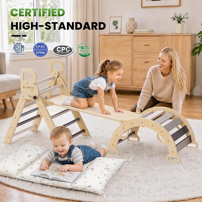 BlueWood Pikler Triangle Set with Cushion, 8-in-1 Climbing Toys for Toddlers, Montessori Philosophy Play Jungle Gym with Arch, Ramp, Ladder(Elegant Gray)