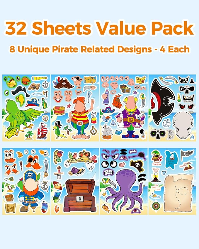 Aowplc 32 Sheets Make Your Own Pirate Stickers for Kids – Pirate Party Favors, Birthday Party Supplies & Classroom Crafts