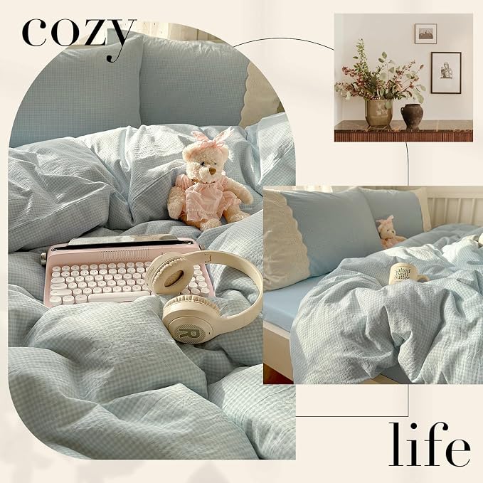 LifeTB Blue Gingham Comforter Set Full Size Romantic Lace Style Checkered Plaid Comforter Set 3 Pieces Blue Grid Bed Comforter with 2 Pillowcases Soft Fluffy Farmhouse Plaid Gingham Bedding Set