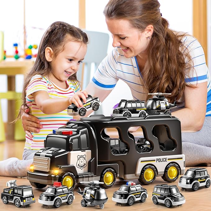 JUKUDAHU Police Truck Toy for 3-9 Years Old Boys & Girls - 7 in 1 Black Carrier Vehicle Set with 5 Toy Cars & 1 Helicopter, Friction Powered Car for Kids Age 1-3, Birthday Gifts for Toddlers 3-5