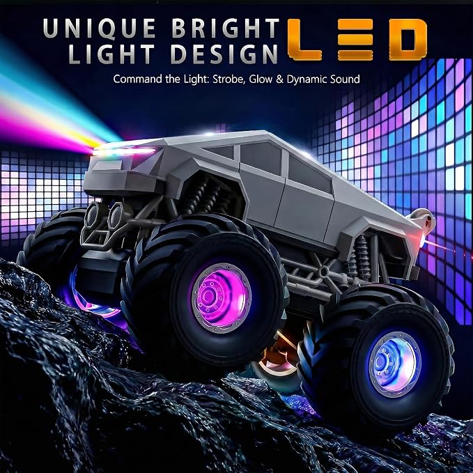 BEZGAR Cyber Truck Toy - 2.4GHz 1:20 4WD Remote Control Car for Boys 8-12 with Colorful Lights, 360° Rotation - RC Car Toy for Boys Girls Age 6, 7, 8, 9, 10 Years Old, Birthday Gifts(Gray)