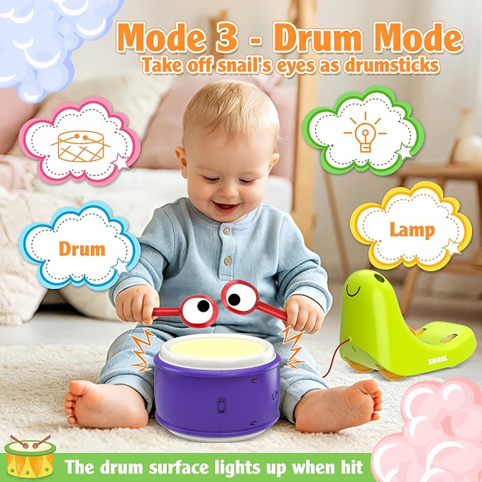 3 in 1 Pull Along Snail Toddler Toys, Baby Piano and Light Up Toddler Drum Set Early Learning Toys Toddler Gifts for Boys Girls, Baby Toys Musical Toys for Toddlers 1-3