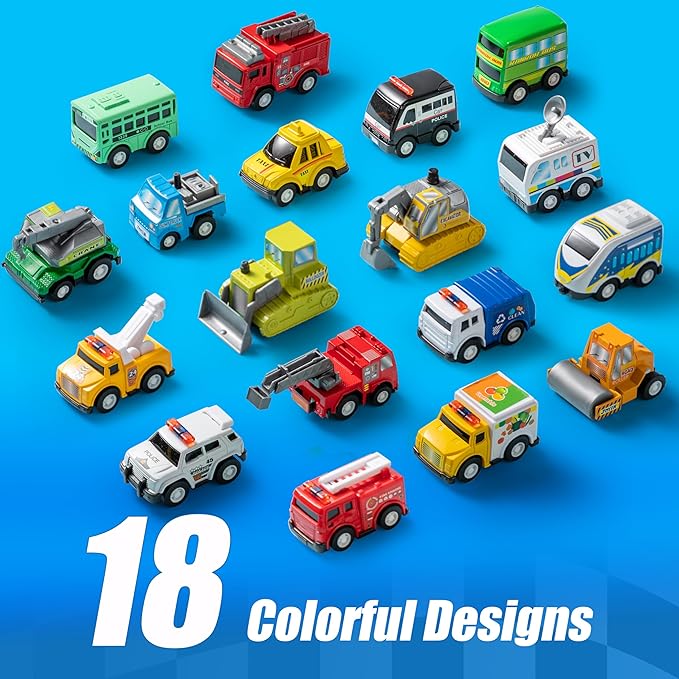 JOYIN 18 Pcs Pull Back City Cars and Trucks Toy Vehicles Set, Friction Powered Mini Cars Toys for Toddlers, Party Favors for Kids 3-5, Birthday Gifts for Boys and Girls, Goodie Bag Stuffers