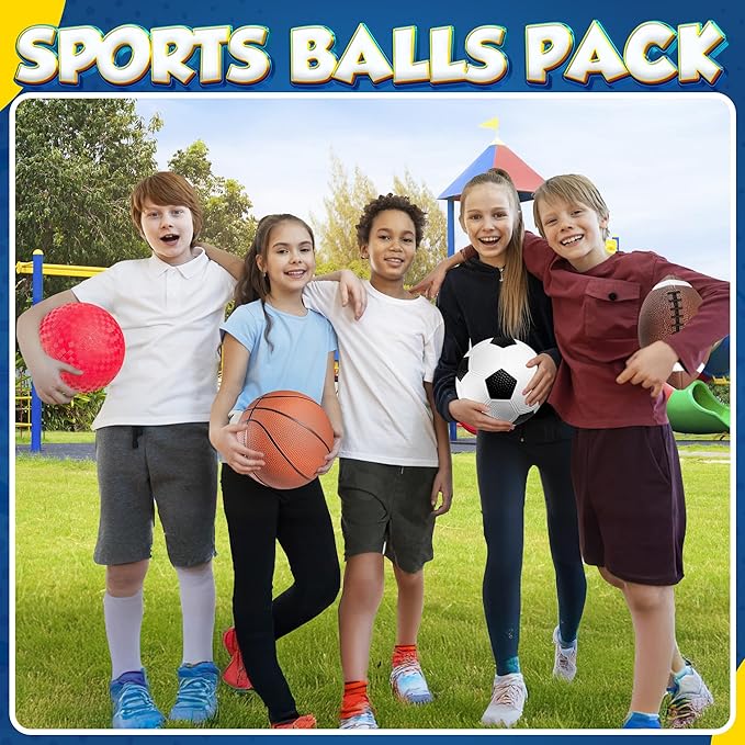 Sports Balls for Kids & Toddlers - (Pack of 4) 5-inch Sports Set Includes Football, Small Size Soccer, Basketball, and Playground Balls, Fun Indoors & Outdoor Toys (Hand Pump Included)