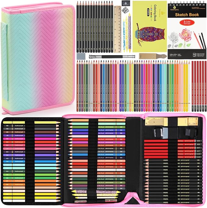 80pcs Drawing Kit Sketching Set Art Sketch Supplies Coloring pencils Kit 48 Colored pencil,14 Graphit, 6 Charcoal, 50 Page 3-Color sketckbook coloring book Portable Case ect. Beginners Artists Adults