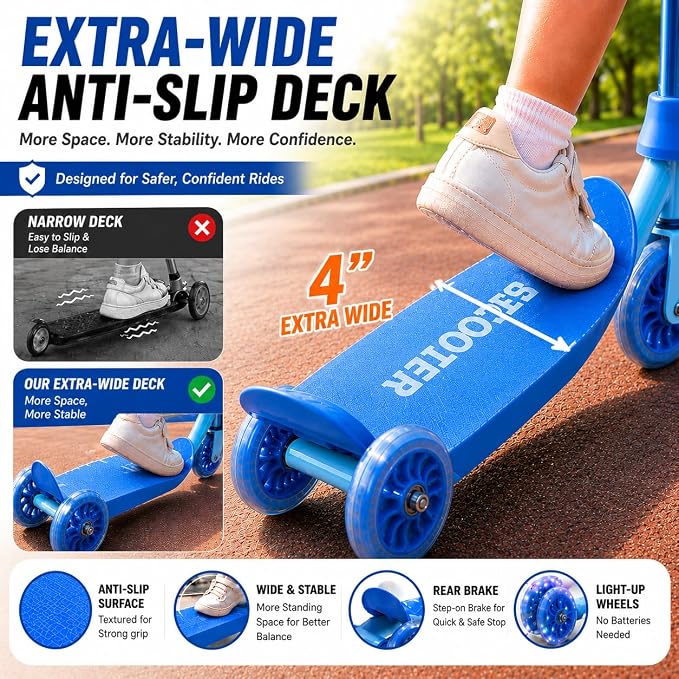 Kids Scooter Ages 3-7 - Three Wheel Preschool Toddler Kick Scooters,Safer Steering,Light Up Wheels, Adjustable Handlebar, Wide Anti-Slip Deck, Birthday for Boys Girls - Blue