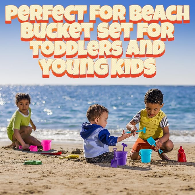 Mini 4.5-Inch Beach Buckets for Kids - (12 Pack) Sand Buckets and Shovels with Rakes - Small Beach Pails - Sturdy Unbreakable Plastic - Beach Party Favors for Toddlers Ages 3-6