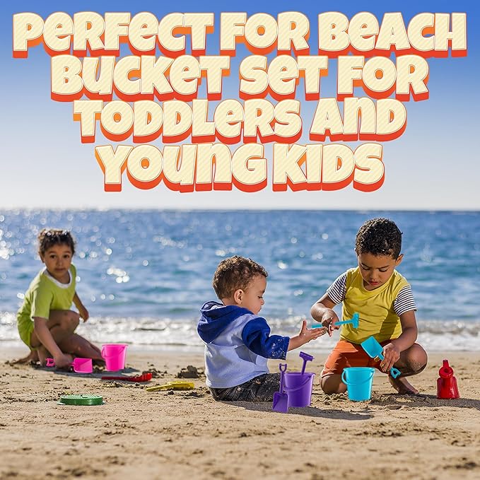 Mini 4.5-Inch Beach Buckets for Kids - (36 Pack) Sand Buckets and Shovels w/Rakes & Mesh Bags - Small Beach Pails - Sturdy Unbreakable Plastic - Beach Party Favors & Giveaways for Toddlers Ages 3-6