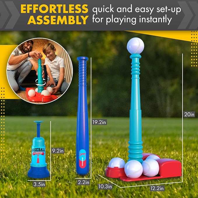 T Ball Stand for Kids and Toddlers 1-3, 3-5, 5-8. Baseball Set Includes 6 Large Balls, an Adjustable Tball Batting Tee, and a Pitching Machine. Kids Bat and Ball, T-Ball Sets for Kids