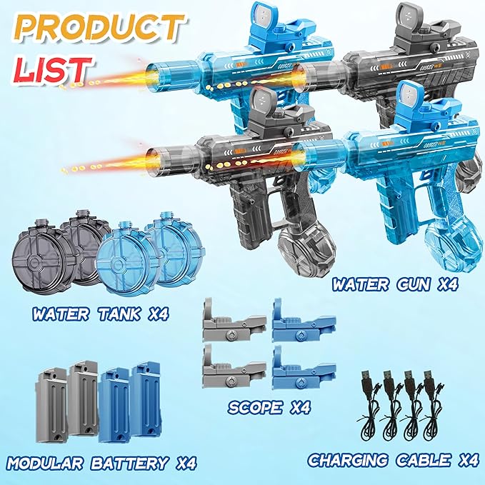 Electric Water Gun 4 Pack for Adults & Kids, Rechargeable Automatic Water Blaster with LED Lights, Long Range Powerful Squirt Gun, Leak-Proof Large Capacity, Summer Outdoor Pool Beach Toys