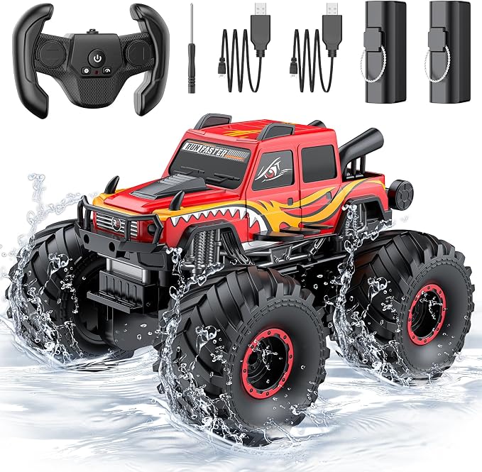 WayEee Remote Control Car Toys for Kids 6+, RC Car Waterproof Monster Truck Toys, Amphibious 4X4 Pickup, All Terrain Off-Road Vehicles, 2.4GHz Remote Control, 1/18 Scale RC Truck Boys Gifts/Red