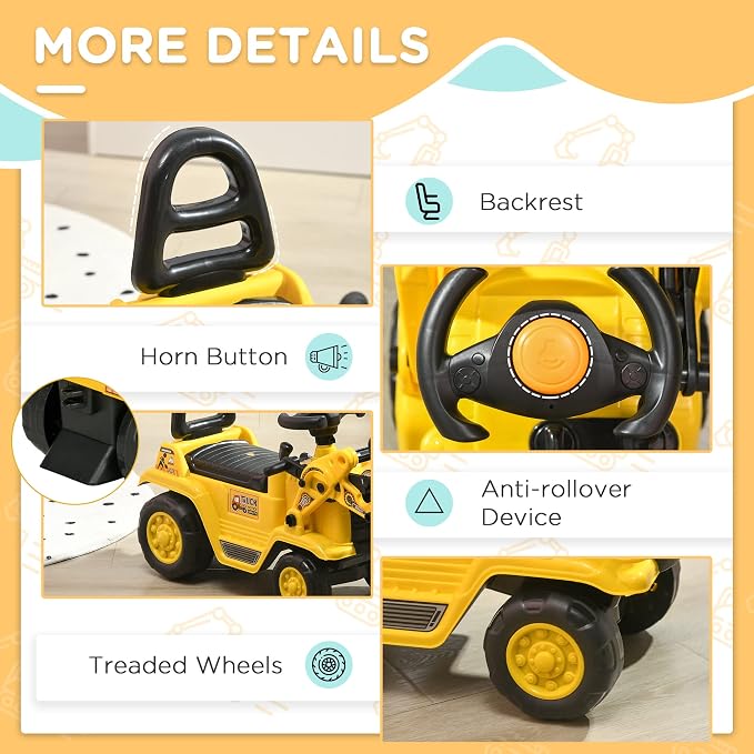 HOMCOM Ride On Excavator, Kids Bulldozer Pull Cart with Horn, Under Seat Storage, Sit and Scoot Pretend Play Toy Construction Car for Ages 18-48 Months