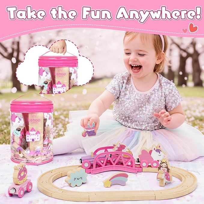 Lehoo Castle Wooden Train Set for Girls, Unicorn Train Set for Toddlers 2-4, Wooden Train Track with Storage Bag, Pink Train Fantasy Toys for 3 Year Old Girl Christmas Birthday Gifts