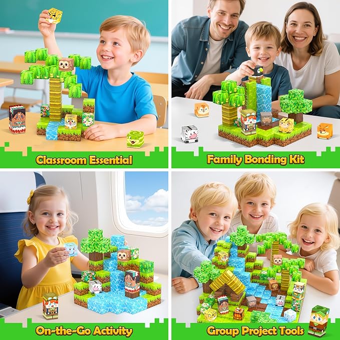Gooidea 150 Magnetic Blocks Magnet Building Craft, STEM Constructions Toy, Sensory Stacking Cubes Kids Toys, Holiday Birthday Gifts for Boys Girls Age 4-6, 5-7, 4-8, 8-12 - Jungle Adventure Playset