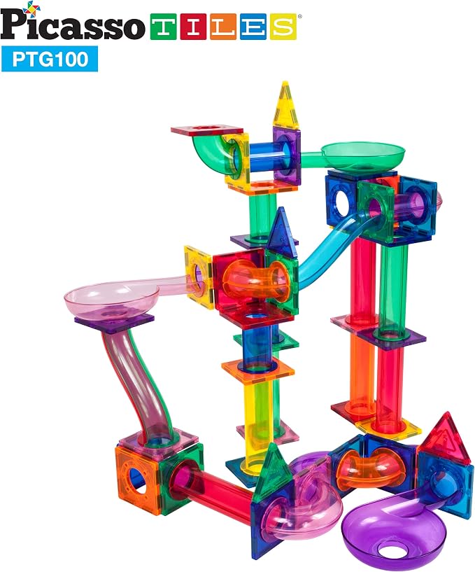 PicassoTiles 100PC Magnet Tiles + 100PC Marble Run Race Track Fun & Creative Playset Bundle, STEAM Learning & Educational Sensory Toy for Preschool & Kindergarten Kids Ages 3+, A Classroom Must Have
