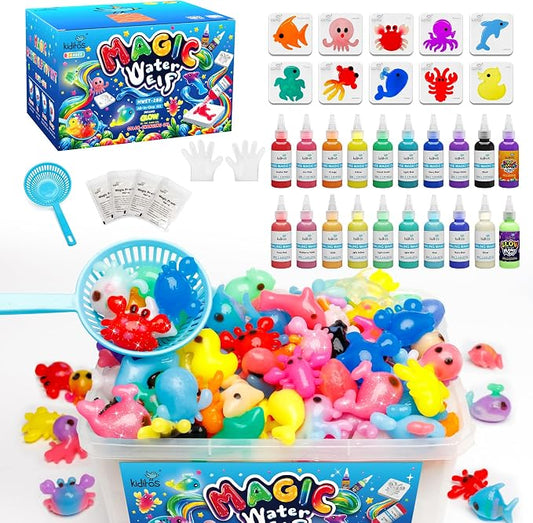 Kiditos Magic Water Elf Toy Kit – Squishies for Kids, 20 Gels & 10 Molds, Magic Gel Water Pets Sensory DIY Craft Kit, Party Favors & Summer Gifts for Kids Ages 3+
