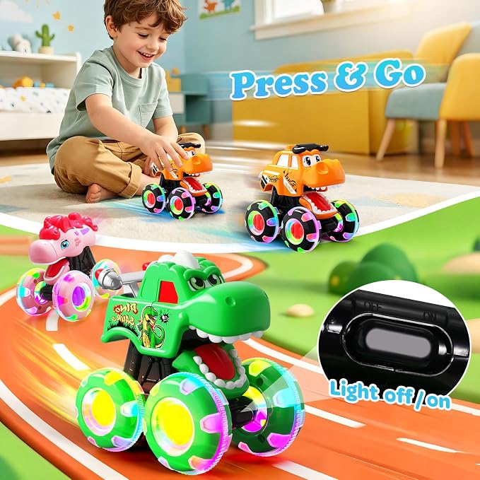 3 Pack Monster Truck Toys for Toddlers 1-3, Press & Go Cars with Flashing LED Wheels & Moving Mouth, Dinosaur Cars for 2 3 4 One Two Year Old Boy Birthday Gifts